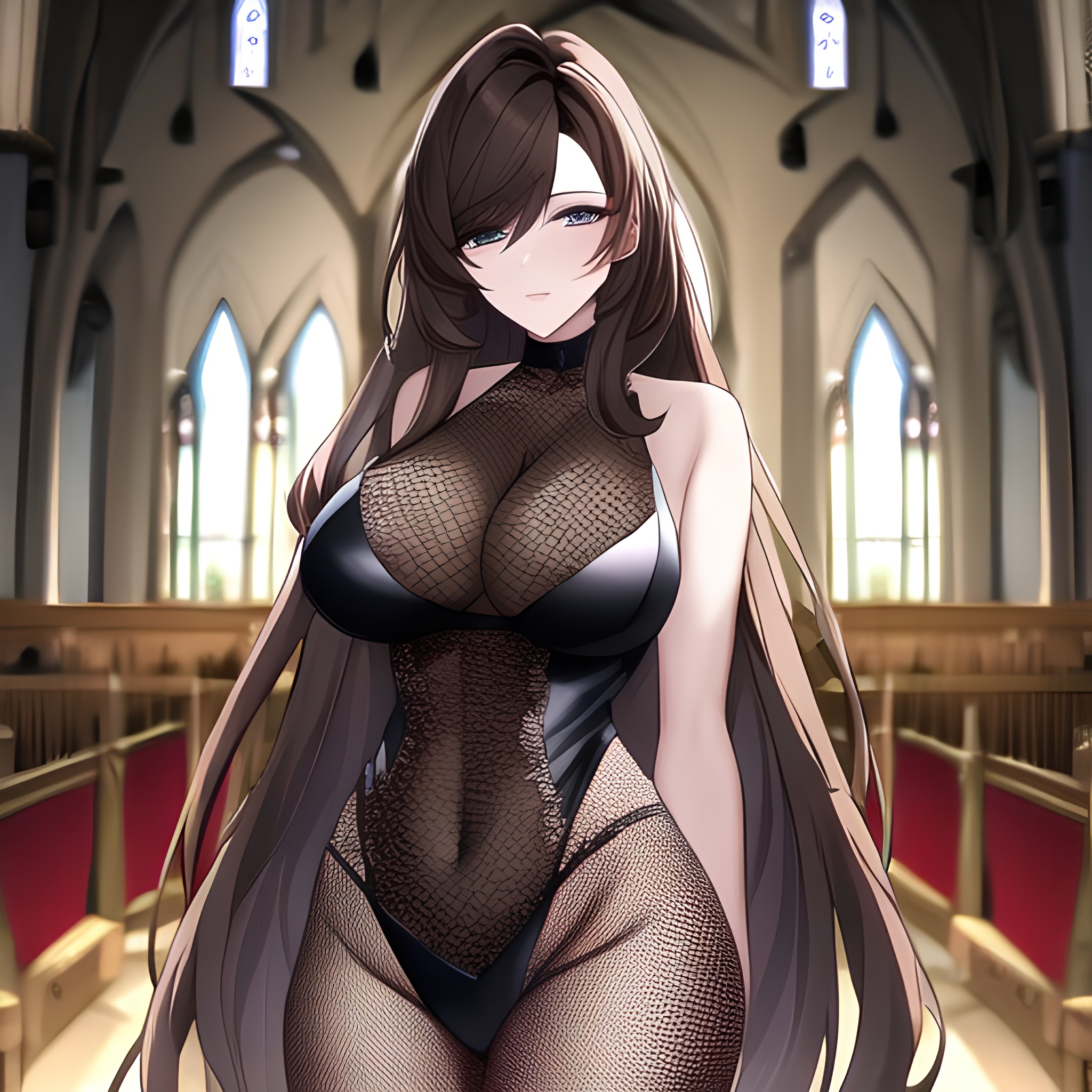 long hair brunette fishnet messy hair woman church 