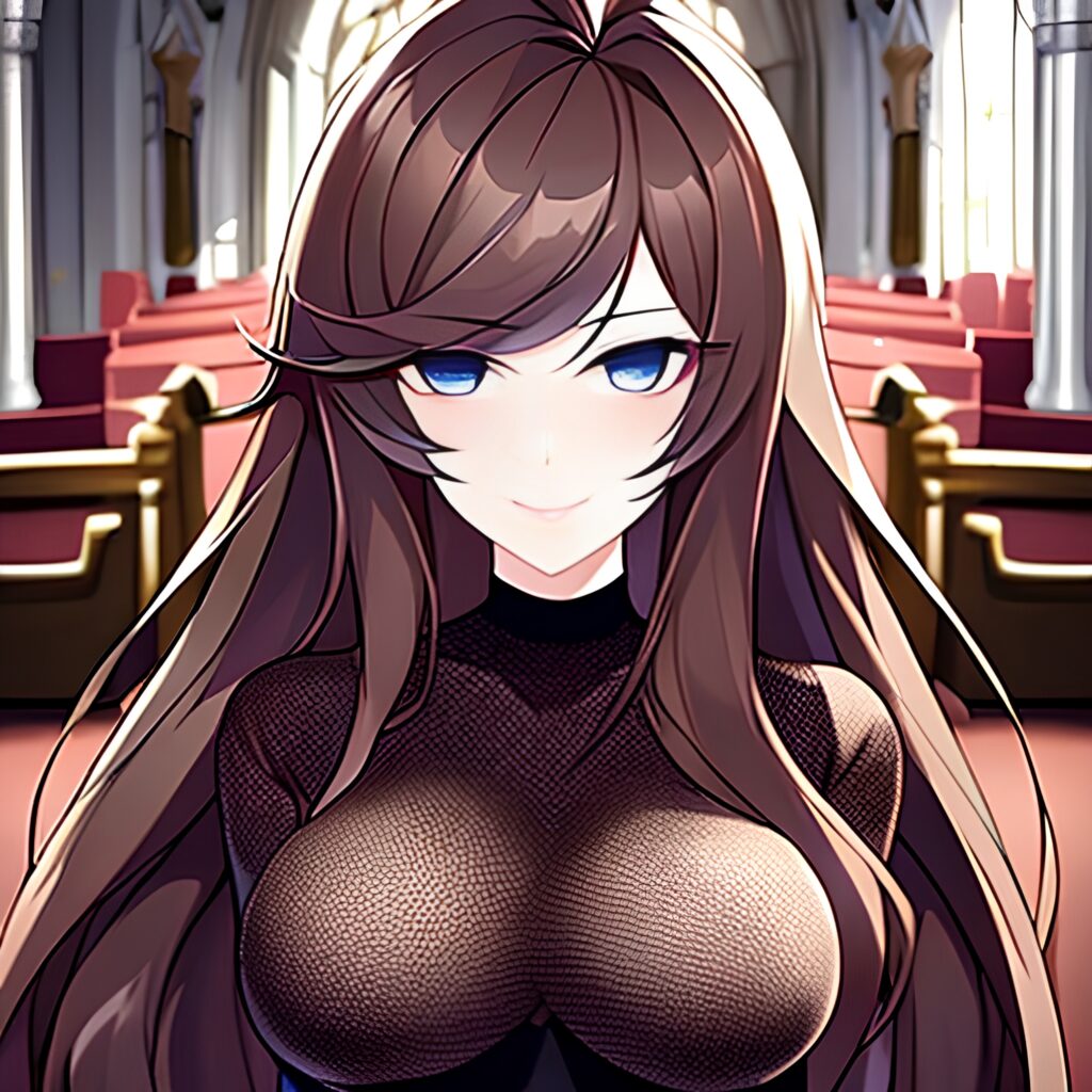 long hair brunette fishnet messy hair woman church 