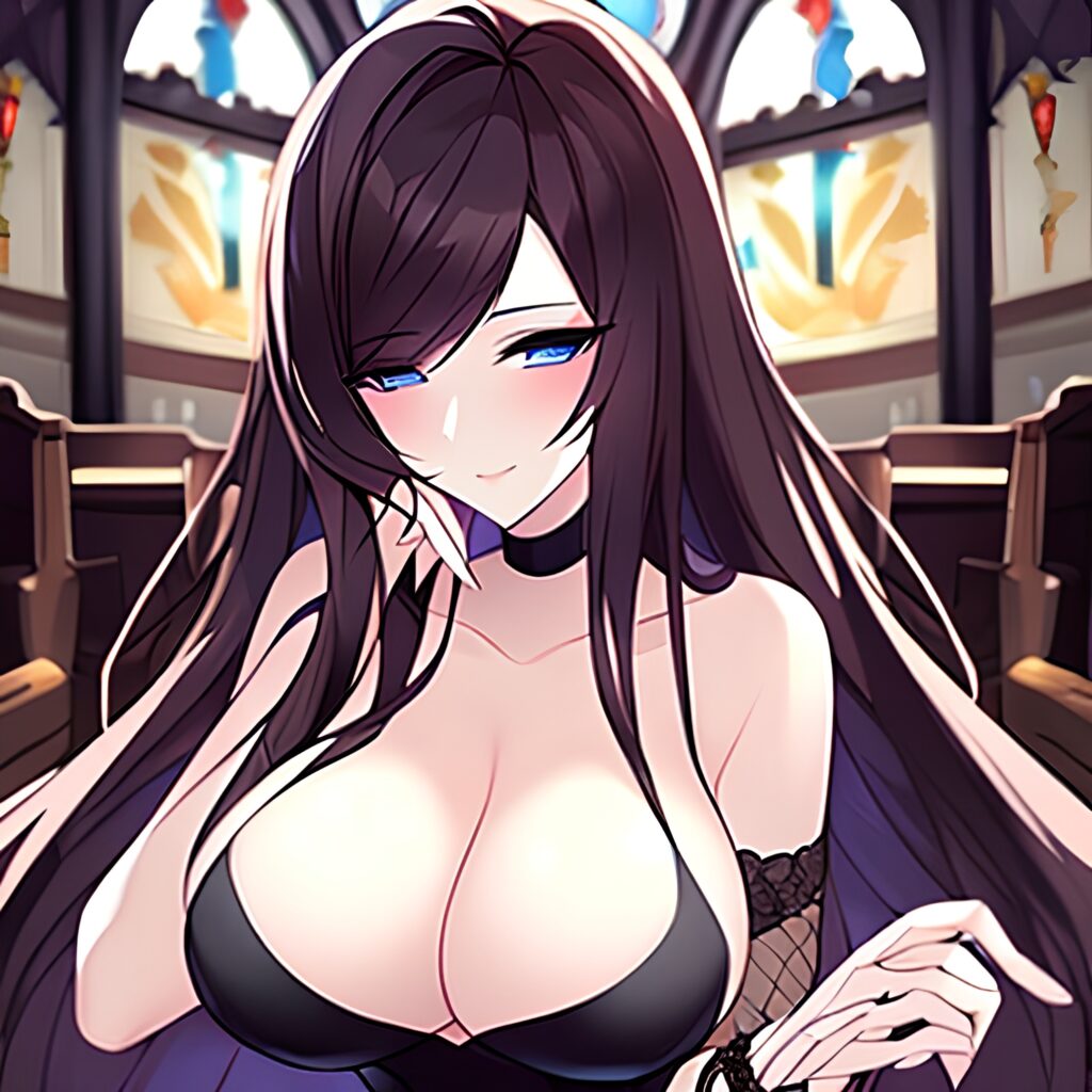 long hair brunette fishnet woman church messy hair 