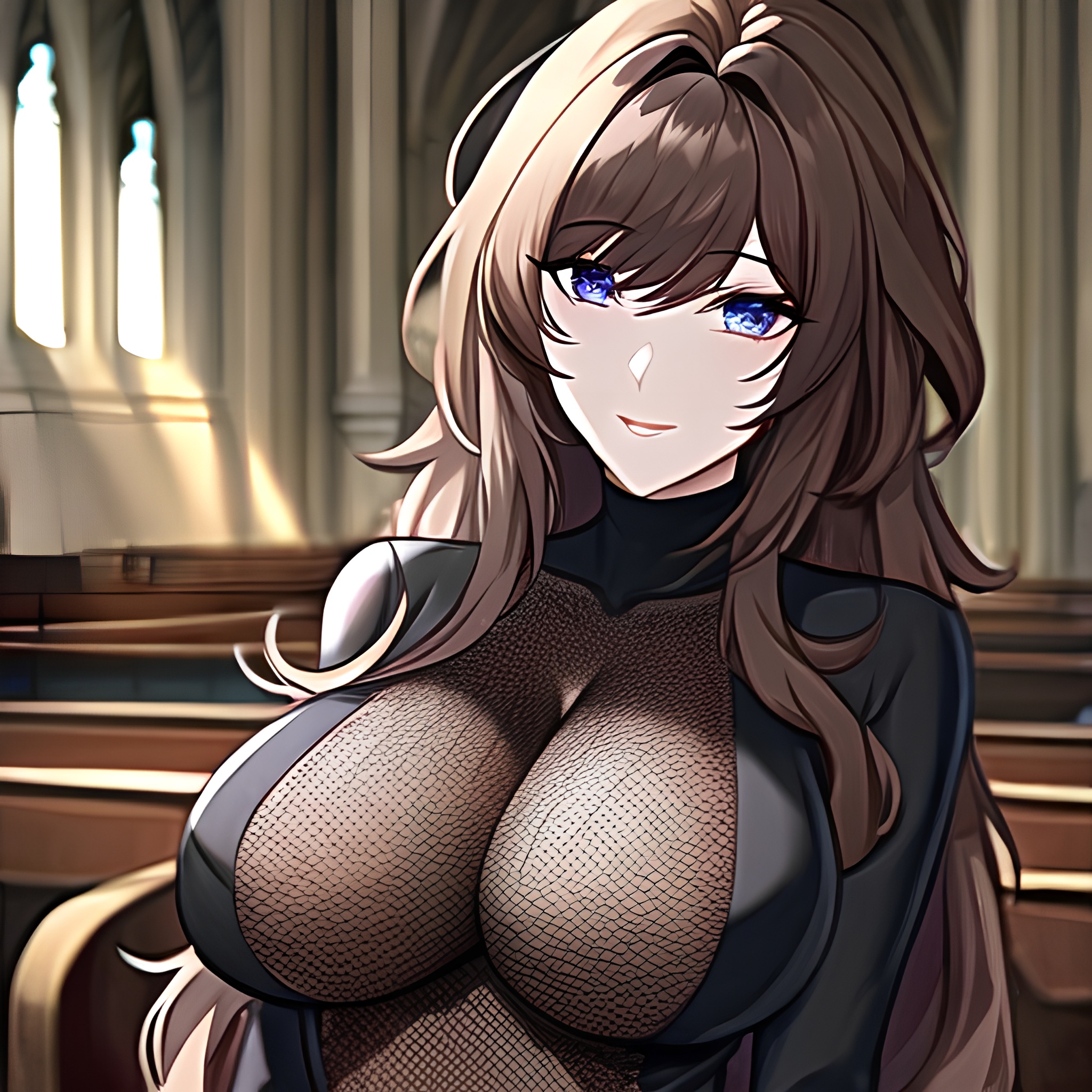 long hair brunette fishnet woman church messy hair 