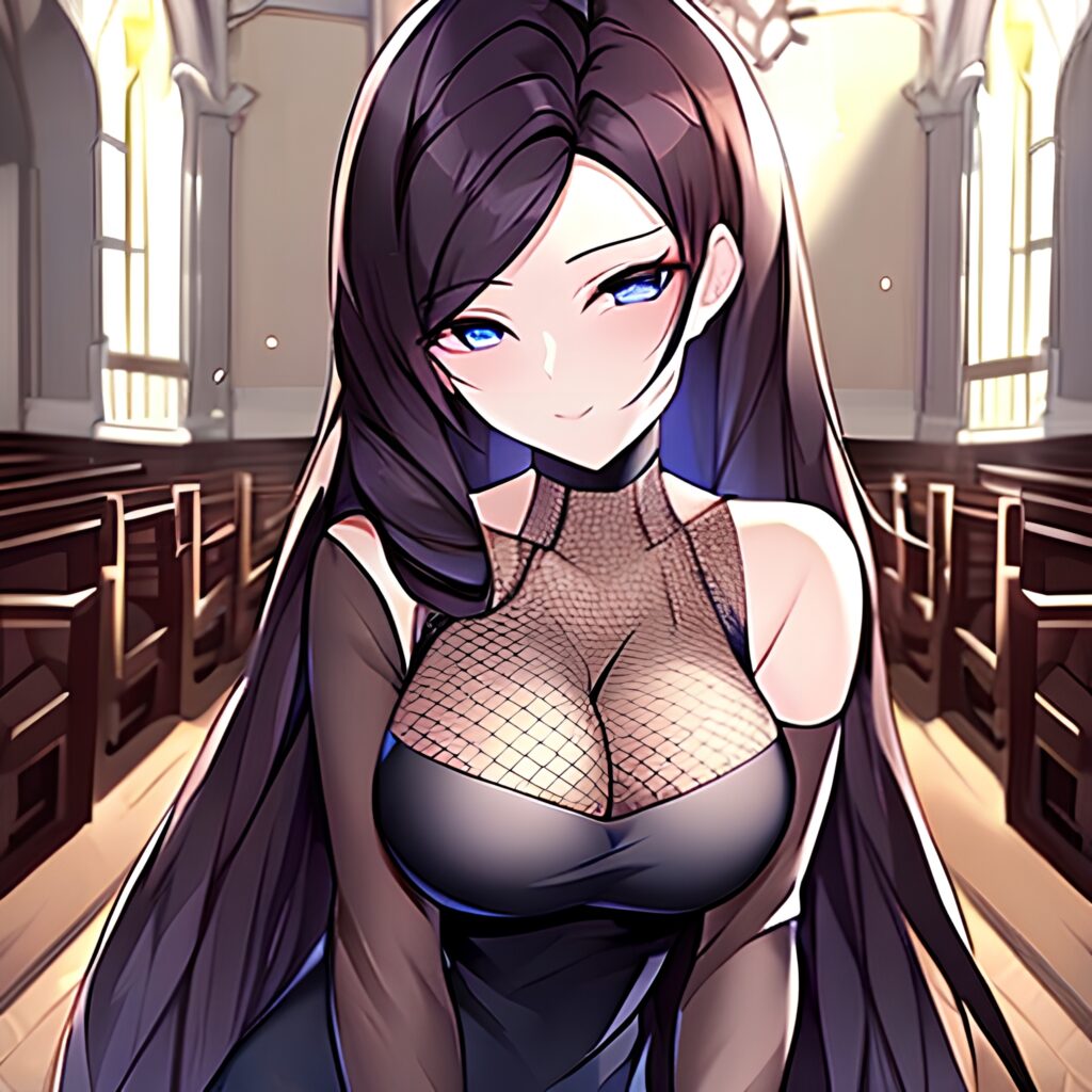 long hair brunette fishnet woman church messy hair 