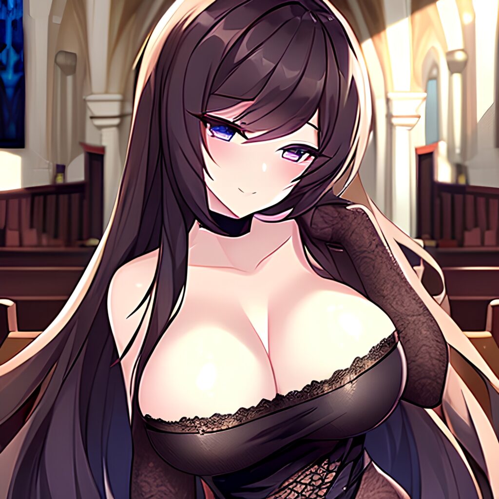 long hair brunette fishnet woman church messy hair