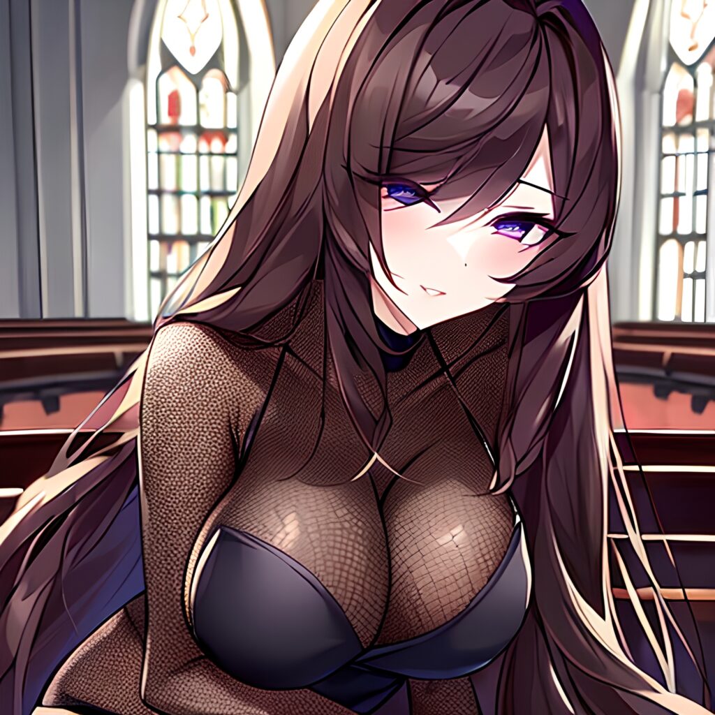 long hair brunette fishnet woman messy hair church 