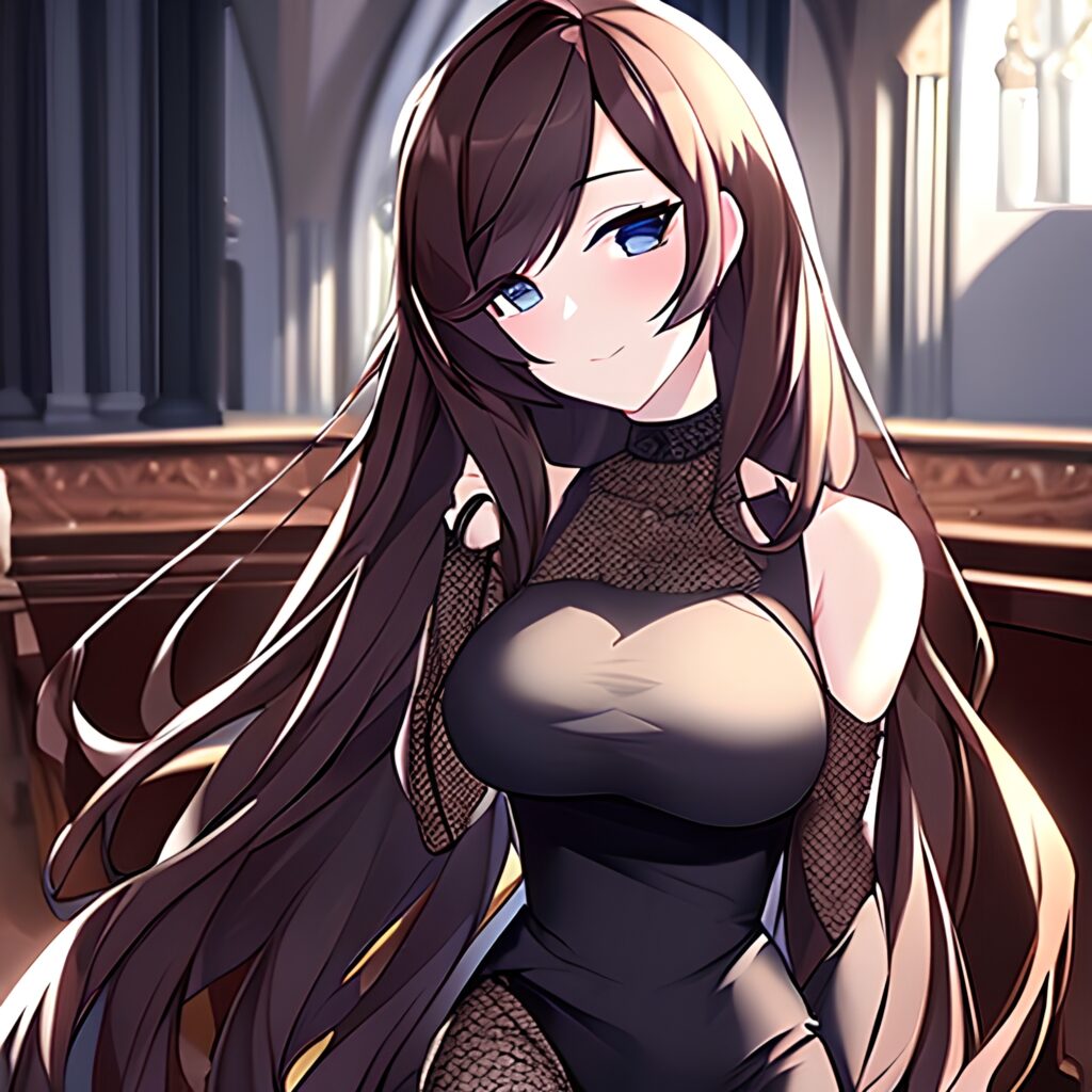 long hair brunette fishnet woman messy hair church 