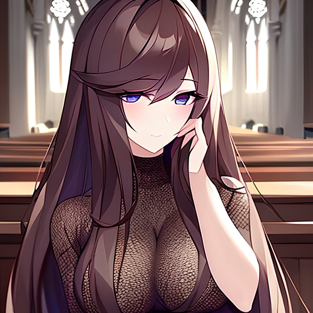 long hair brunette fishnet woman messy hair church 