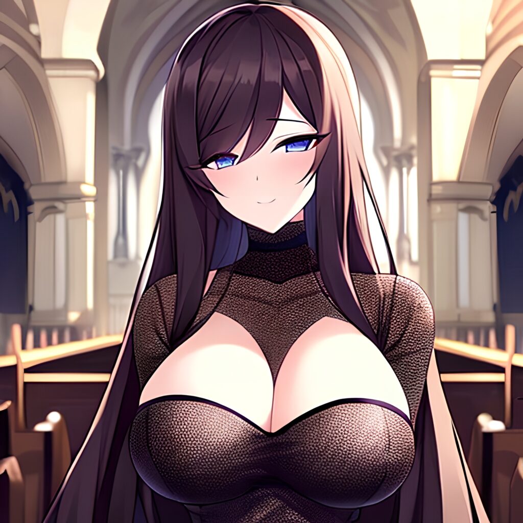 long hair brunette fishnet woman messy hair church 