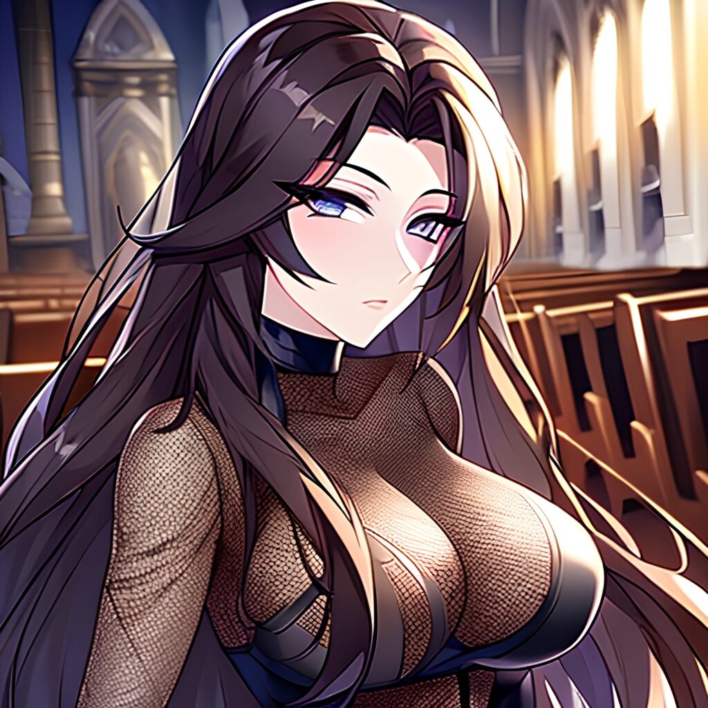 long hair brunette messy hair church fishnet woman