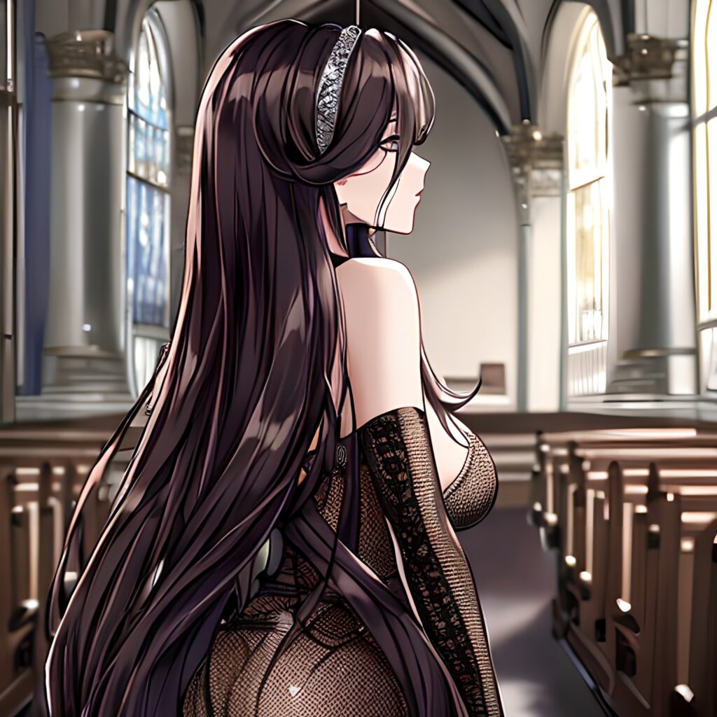 long hair brunette messy hair church fishnet woman 