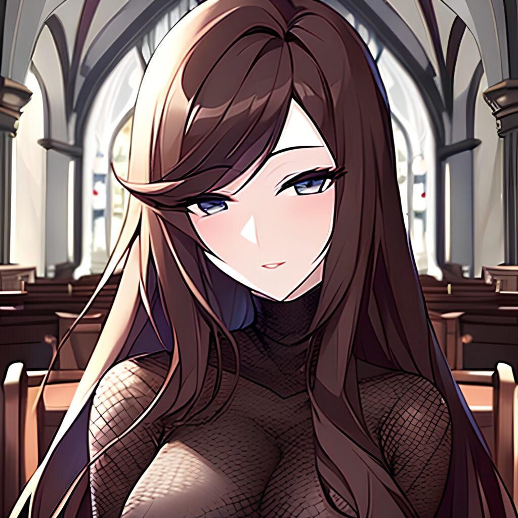 long hair brunette messy hair church woman fishnet 
