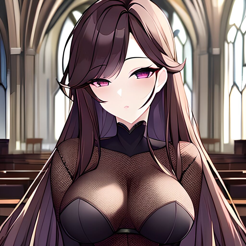long hair brunette messy hair church woman fishnet