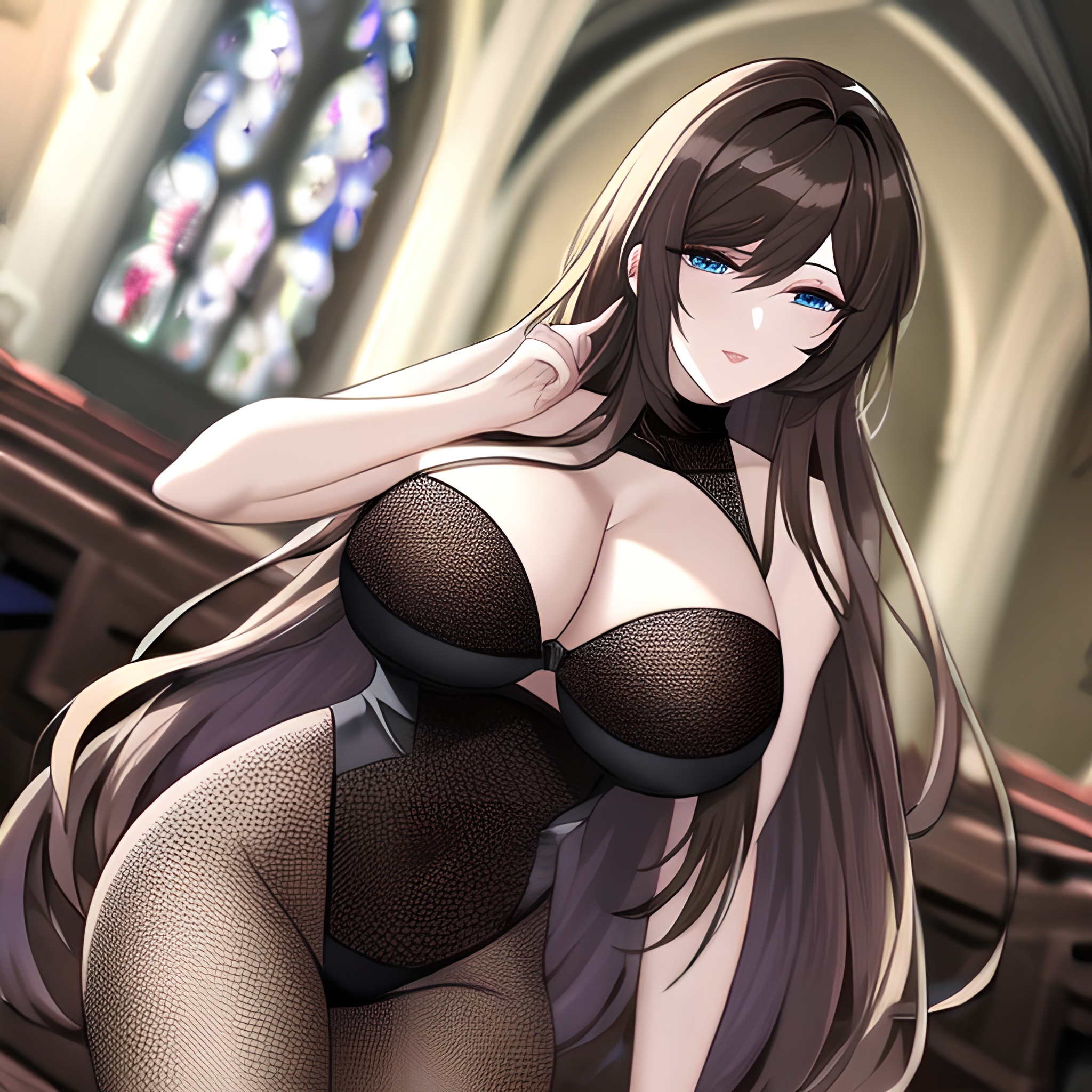 long hair brunette messy hair church woman fishnet 