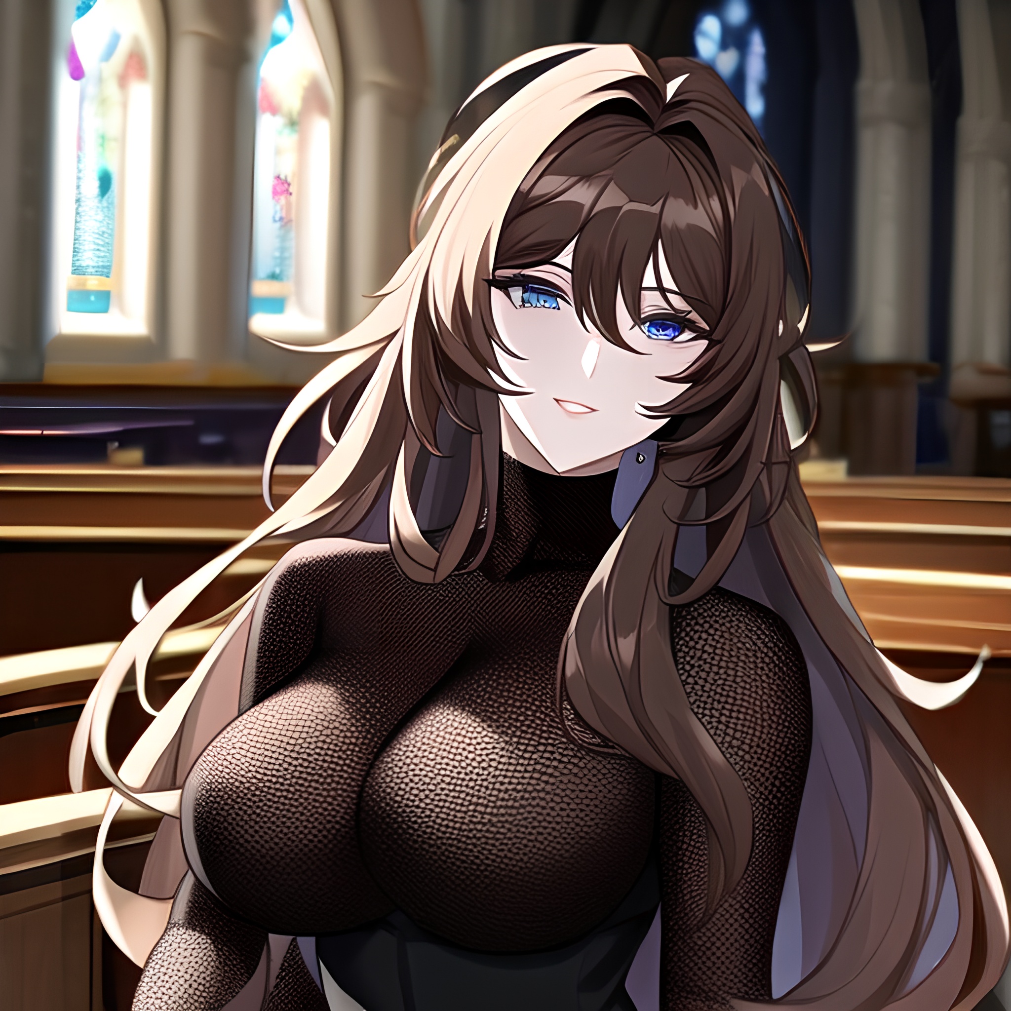 long hair brunette messy hair church woman fishnet 