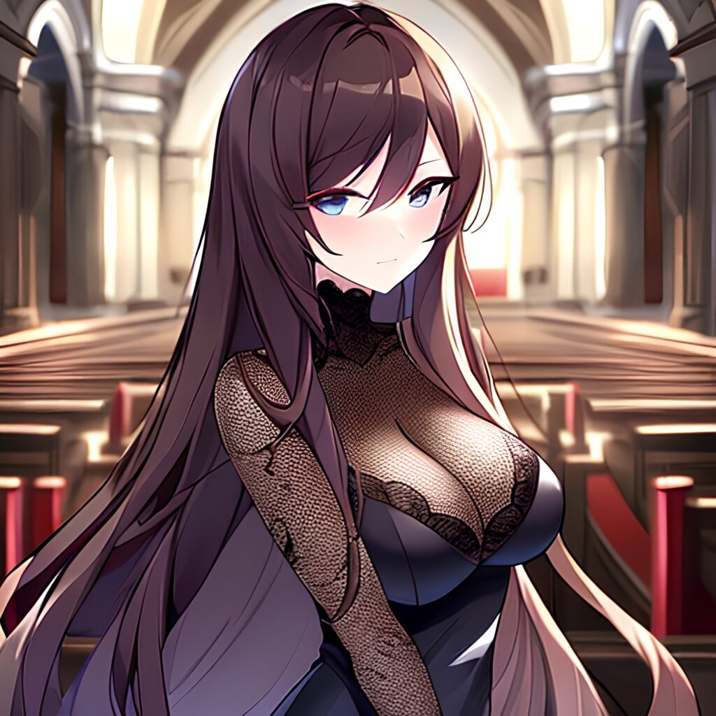 long hair brunette messy hair fishnet church woman 