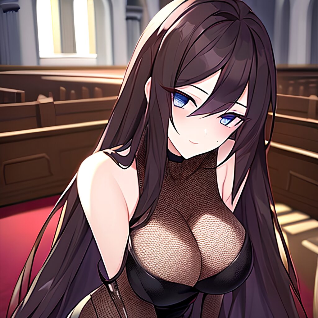 long hair brunette messy hair fishnet church woman 