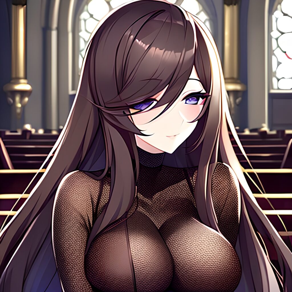 long hair brunette messy hair fishnet church woman 
