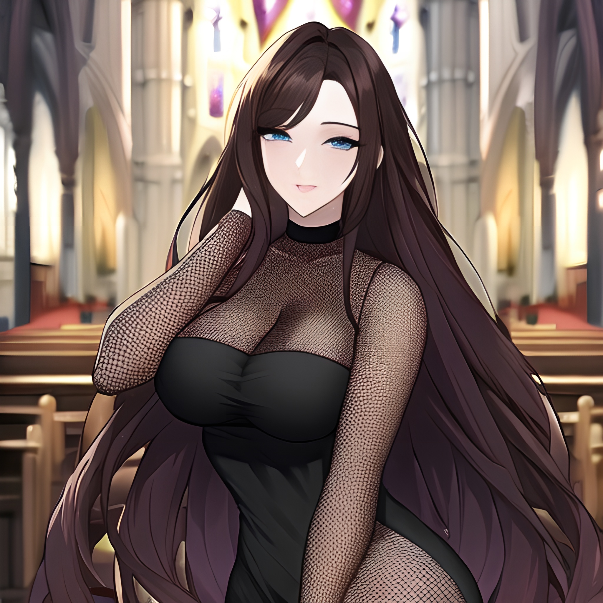 long hair brunette messy hair fishnet woman church 