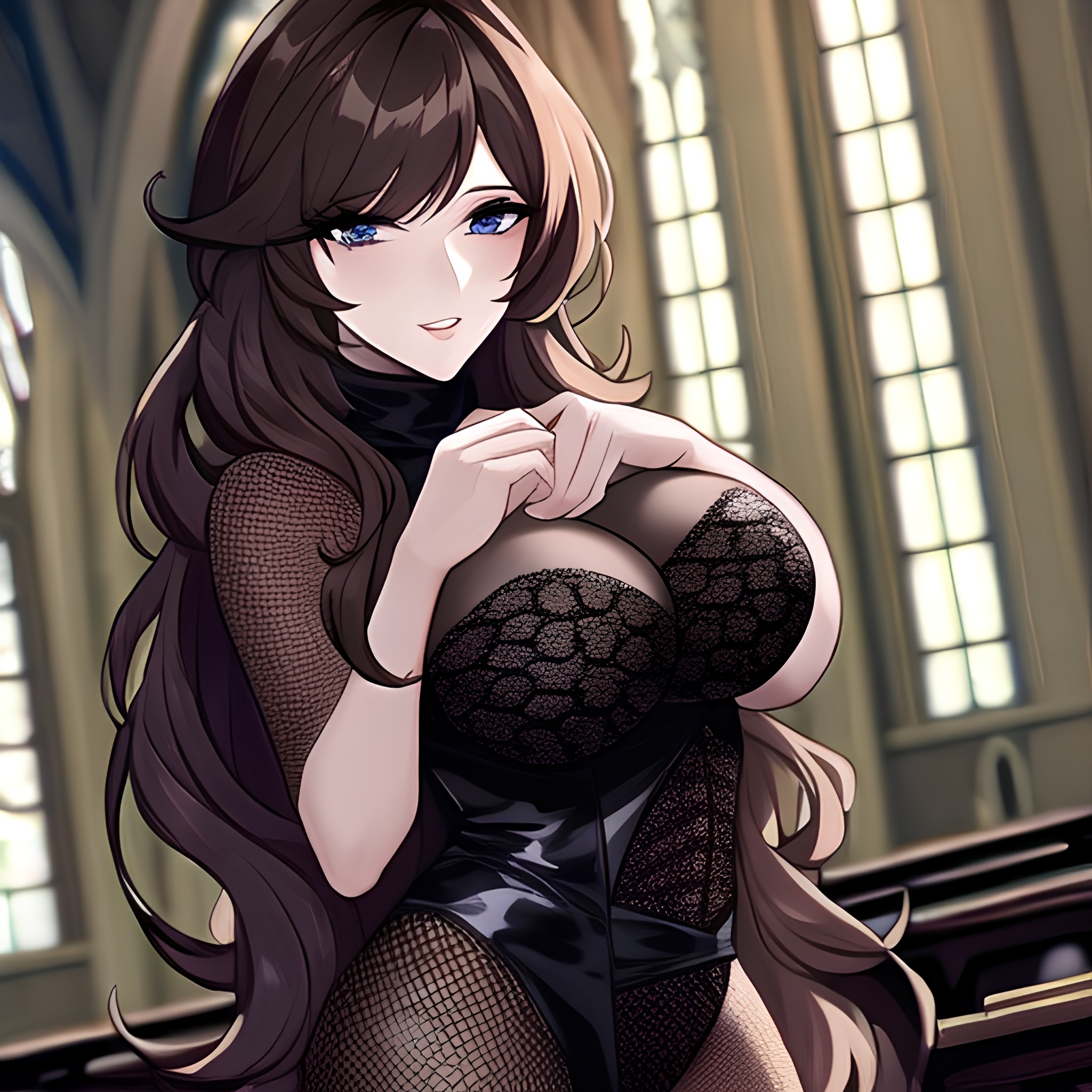 long hair brunette messy hair fishnet woman church 