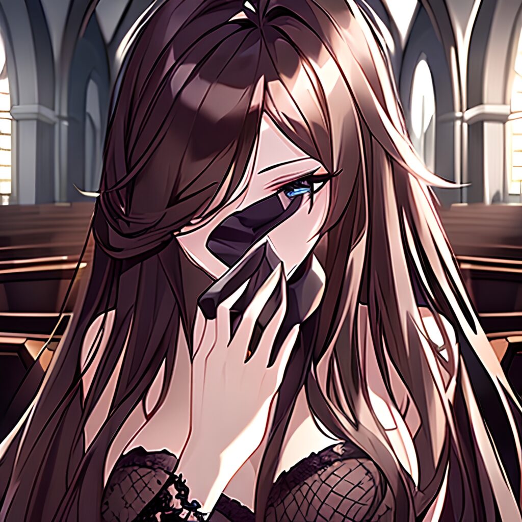 long hair brunette messy hair woman church fishnet 