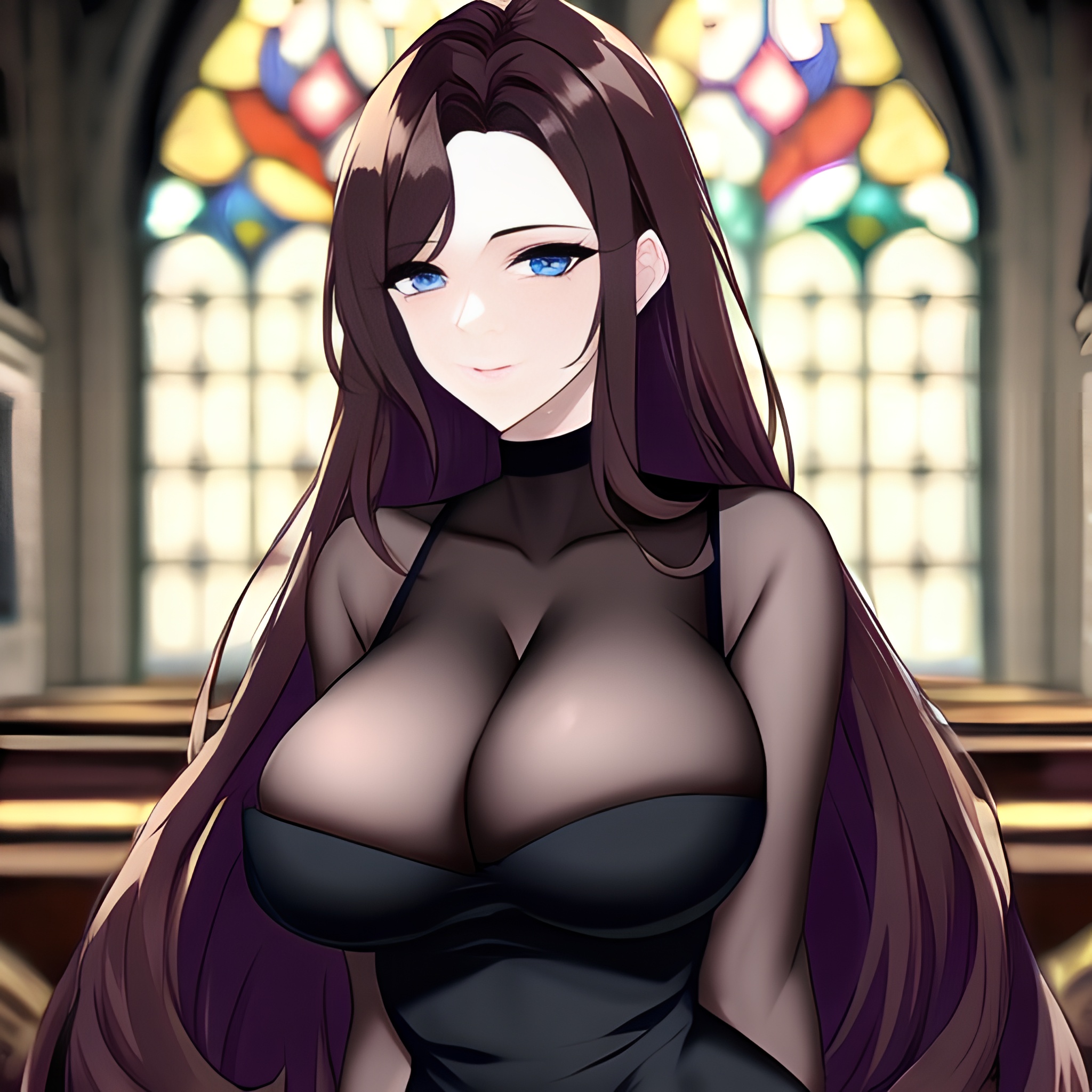 long hair brunette messy hair woman fishnet church 