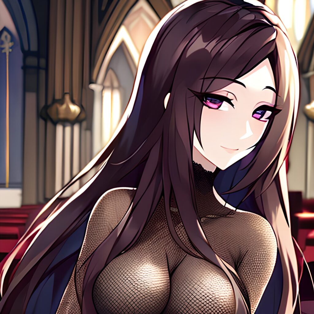 long hair brunette messy hair woman fishnet church 