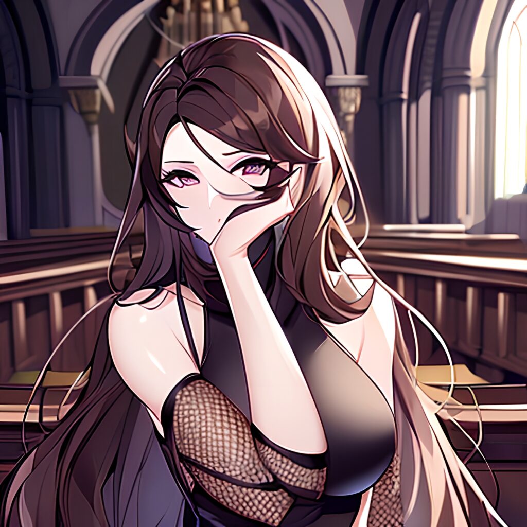 long hair brunette messy hair woman fishnet church 