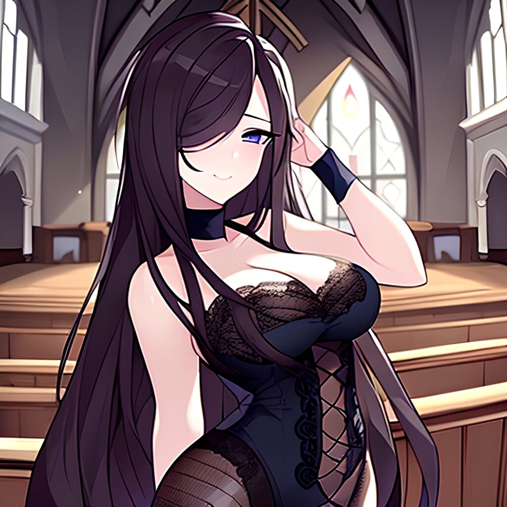 long hair brunette woman church fishnet messy hair 