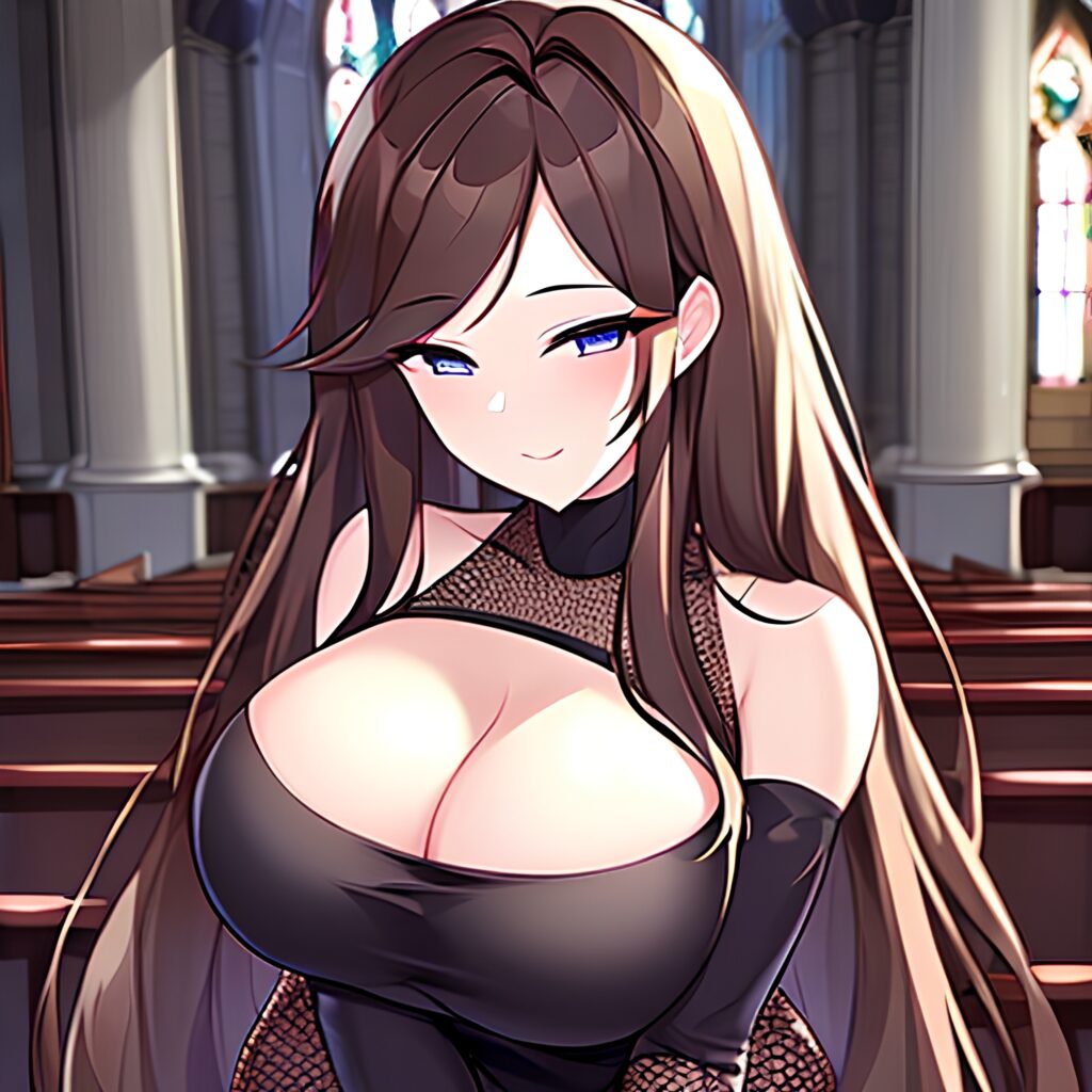 long hair brunette woman church fishnet messy hair 