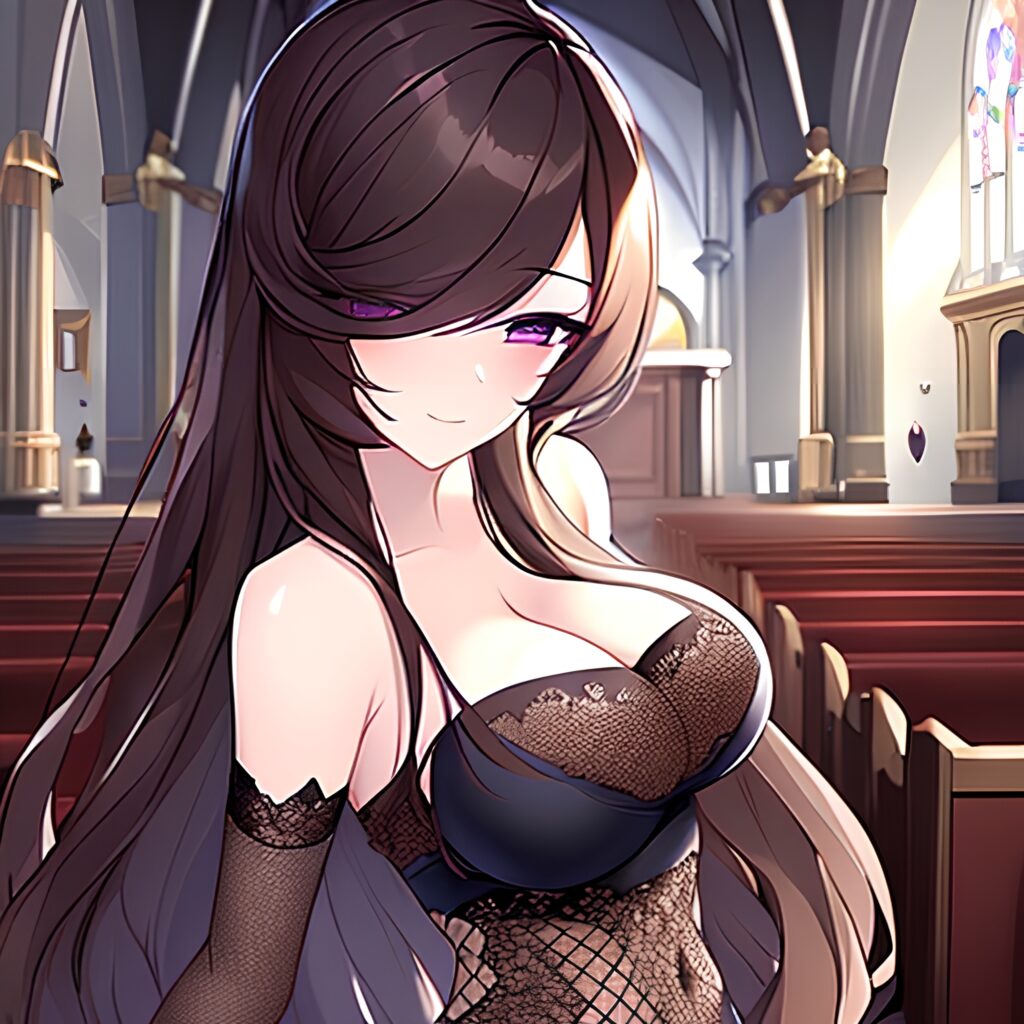 long hair brunette woman church fishnet messy hair 