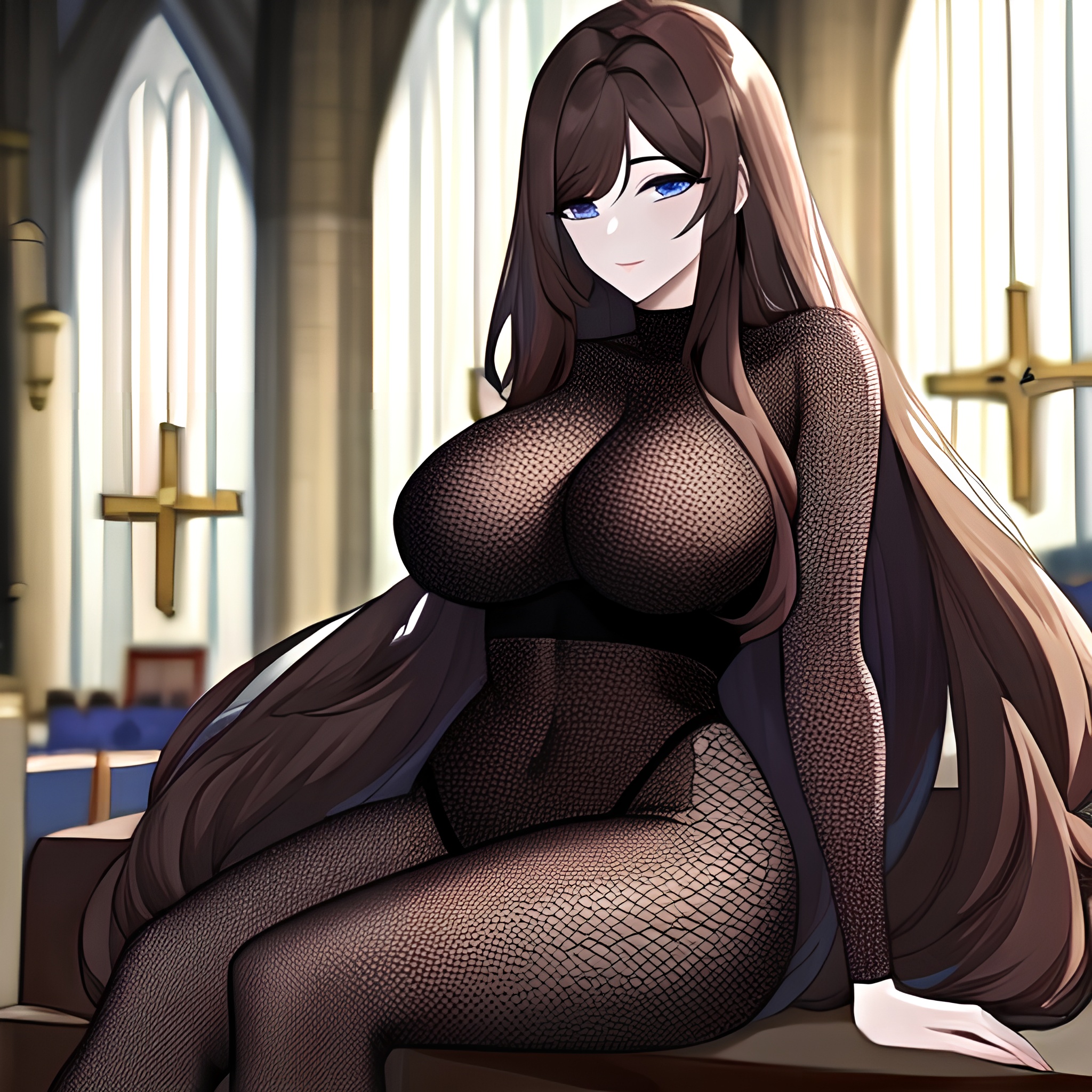 long hair brunette woman church fishnet messy hair 