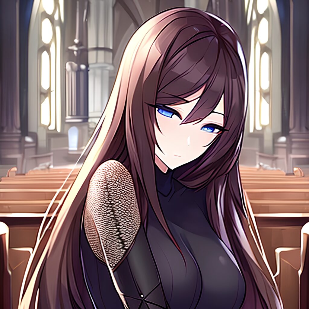 long hair brunette woman church fishnet messy hair 