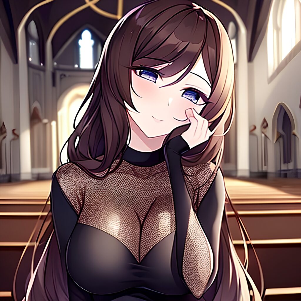 long hair brunette woman church fishnet messy hair 