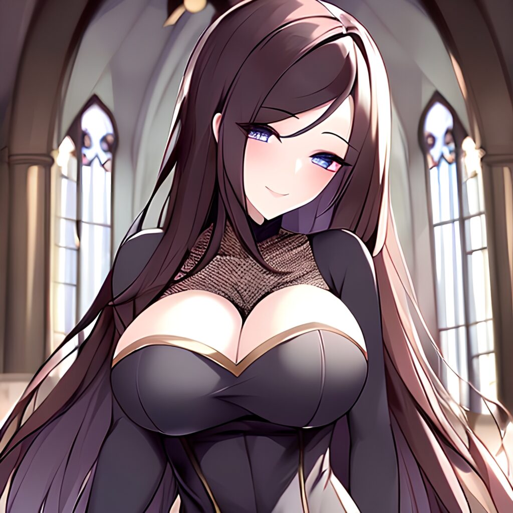 long hair brunette woman church messy hair fishnet 