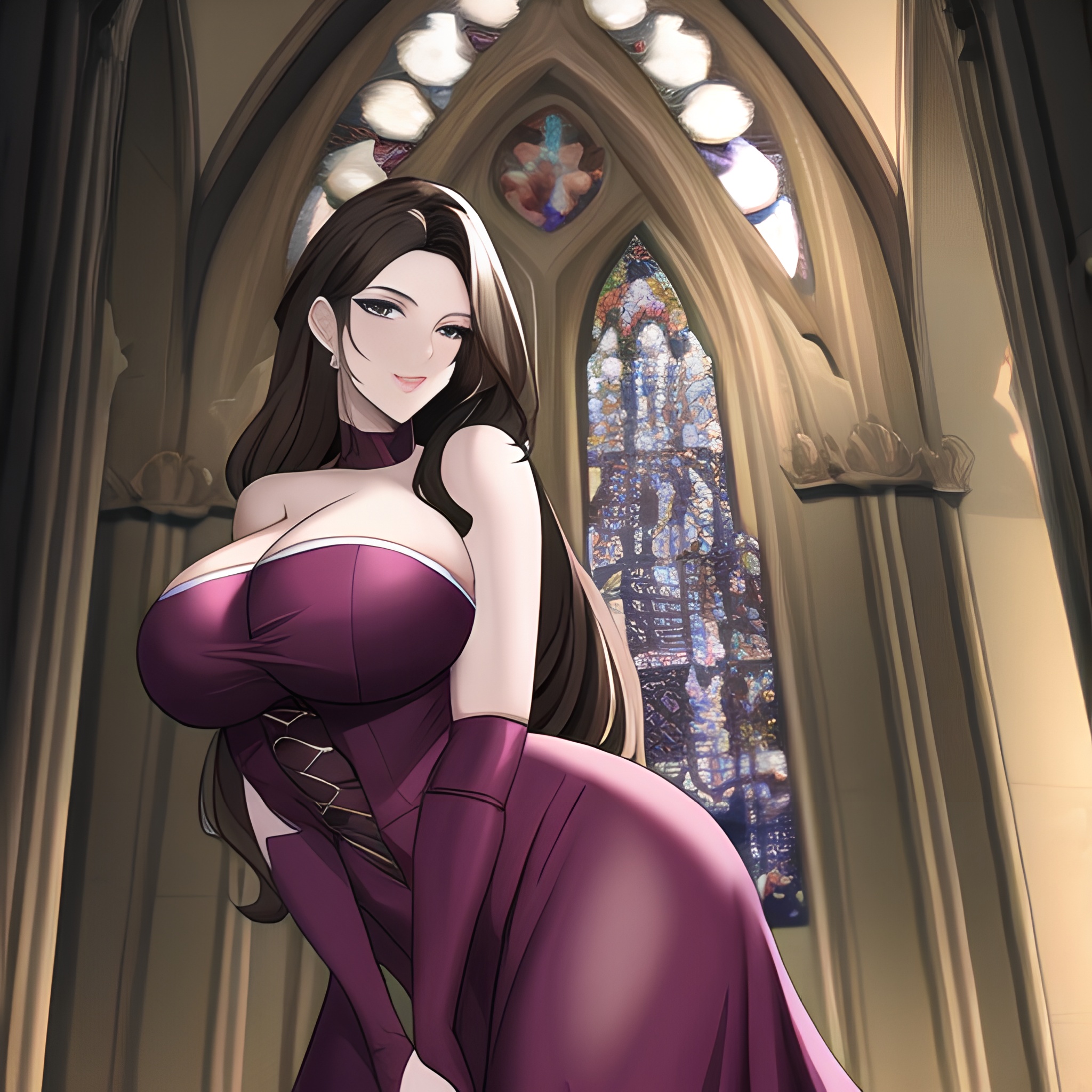 long hair brunette woman church messy hair fishnet