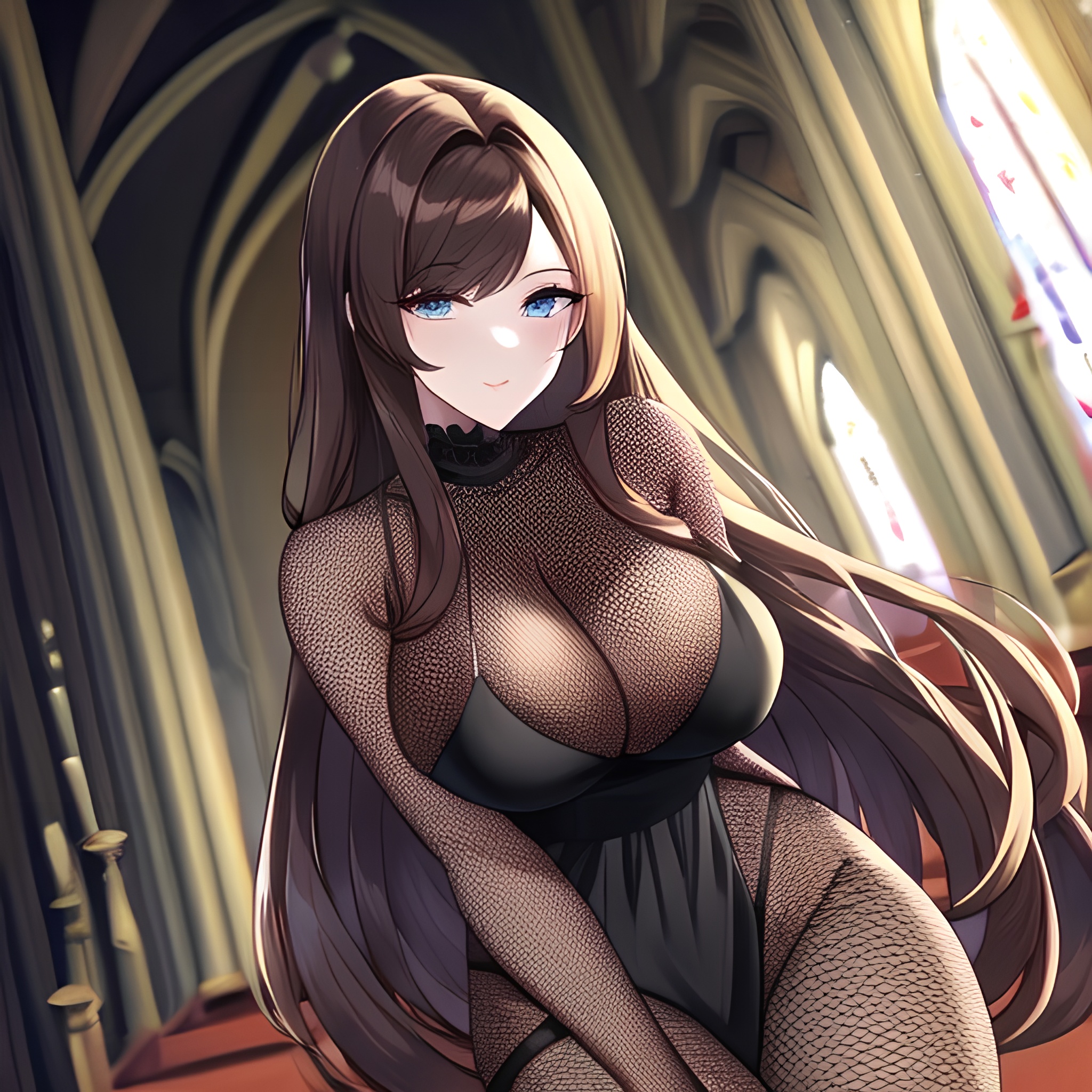 long hair brunette woman church messy hair fishnet 