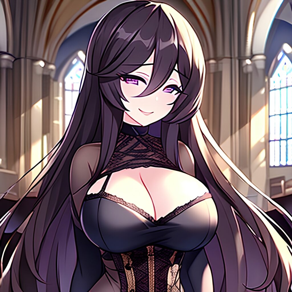 long hair brunette woman church messy hair fishnet 