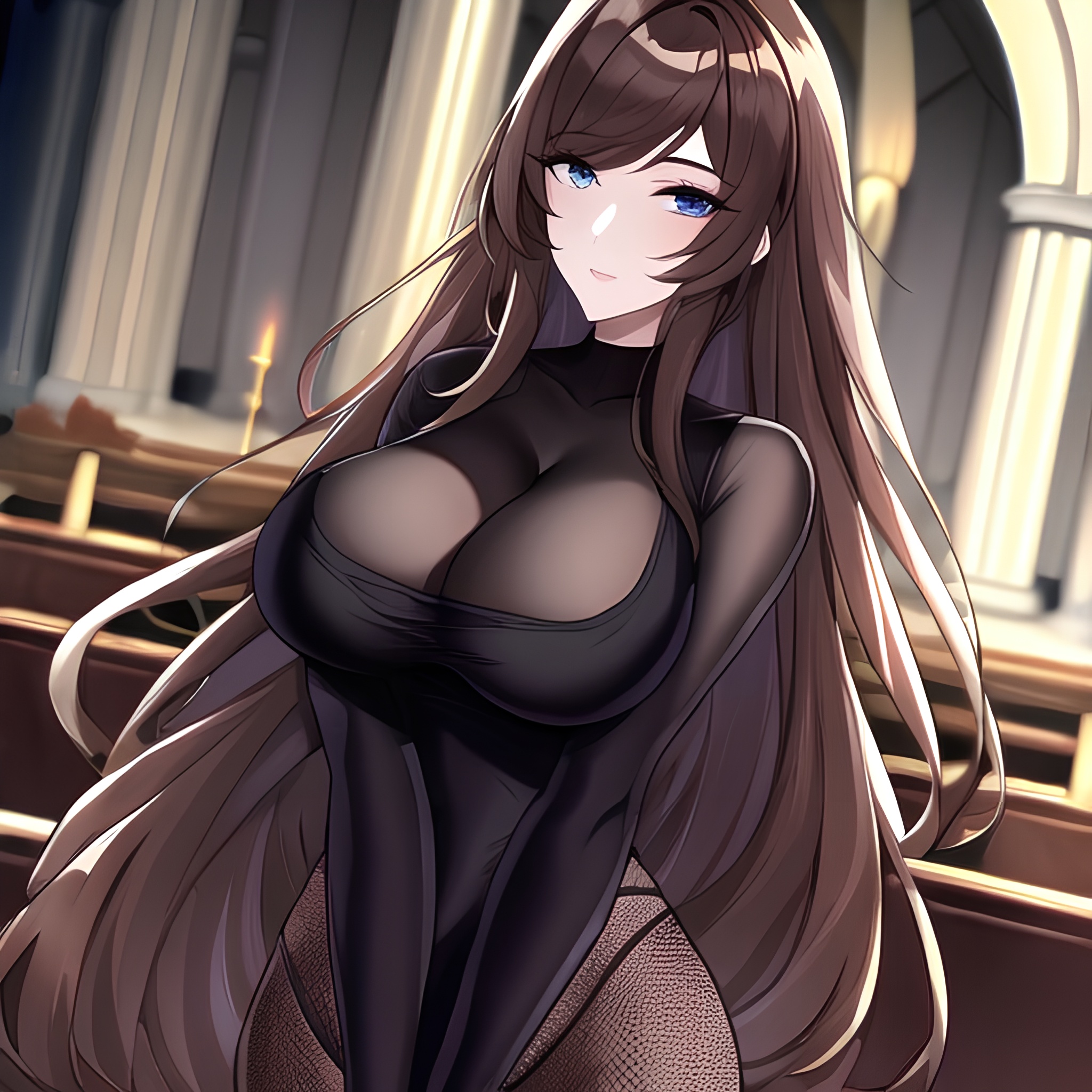 long hair brunette woman church messy hair fishnet 