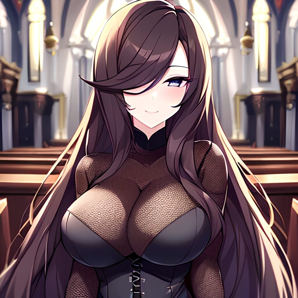 long hair brunette woman church messy hair fishnet 