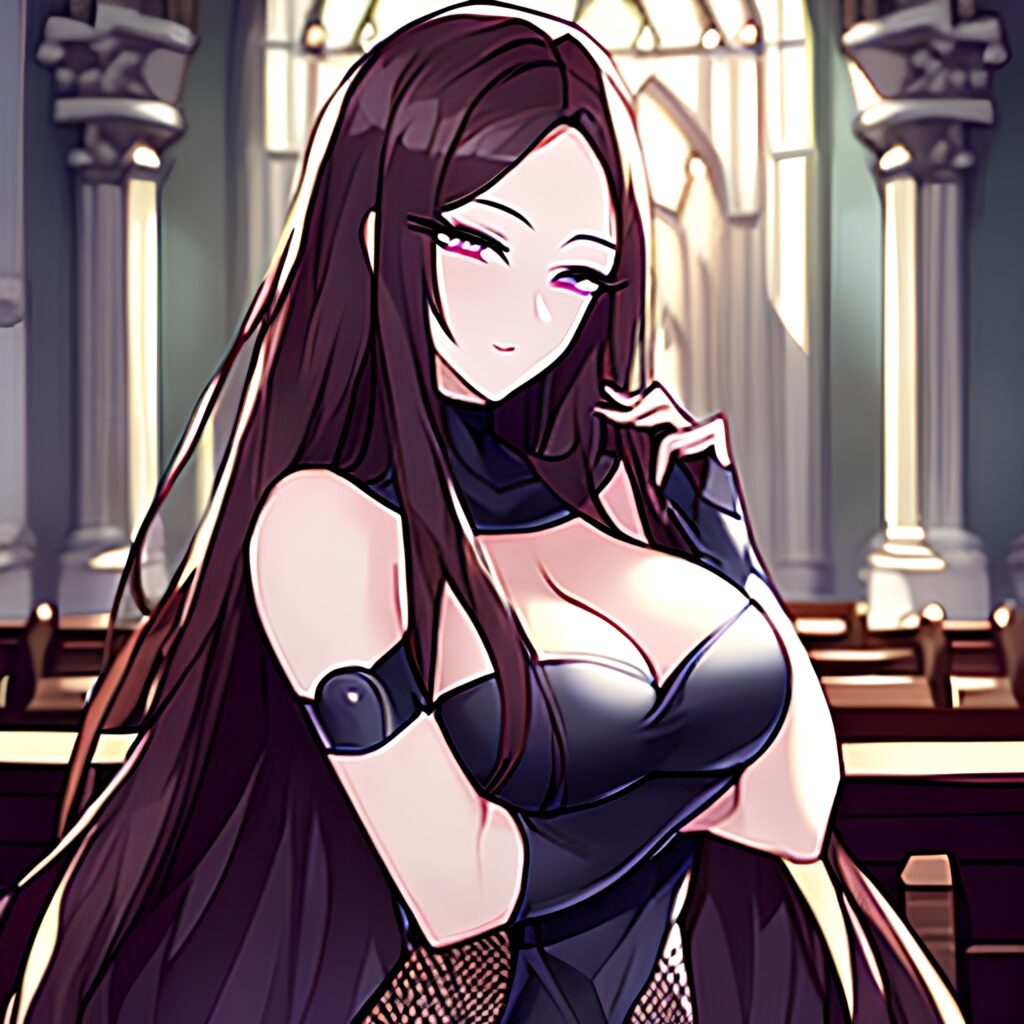 long hair brunette woman church messy hair fishnet 