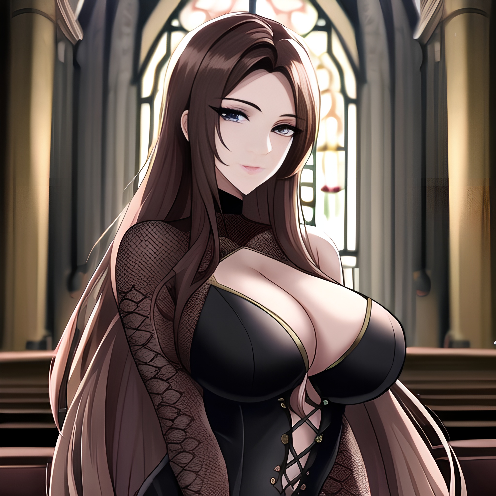 long hair brunette woman church messy hair fishnet 