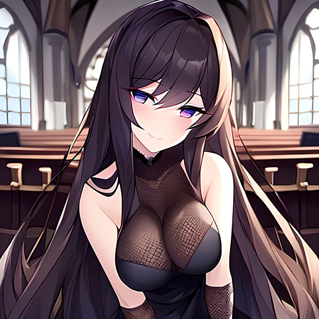 long hair brunette woman fishnet church messy hair 