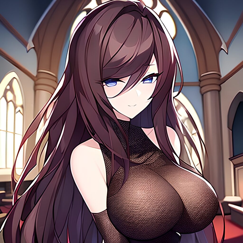 long hair brunette woman fishnet church messy hair 