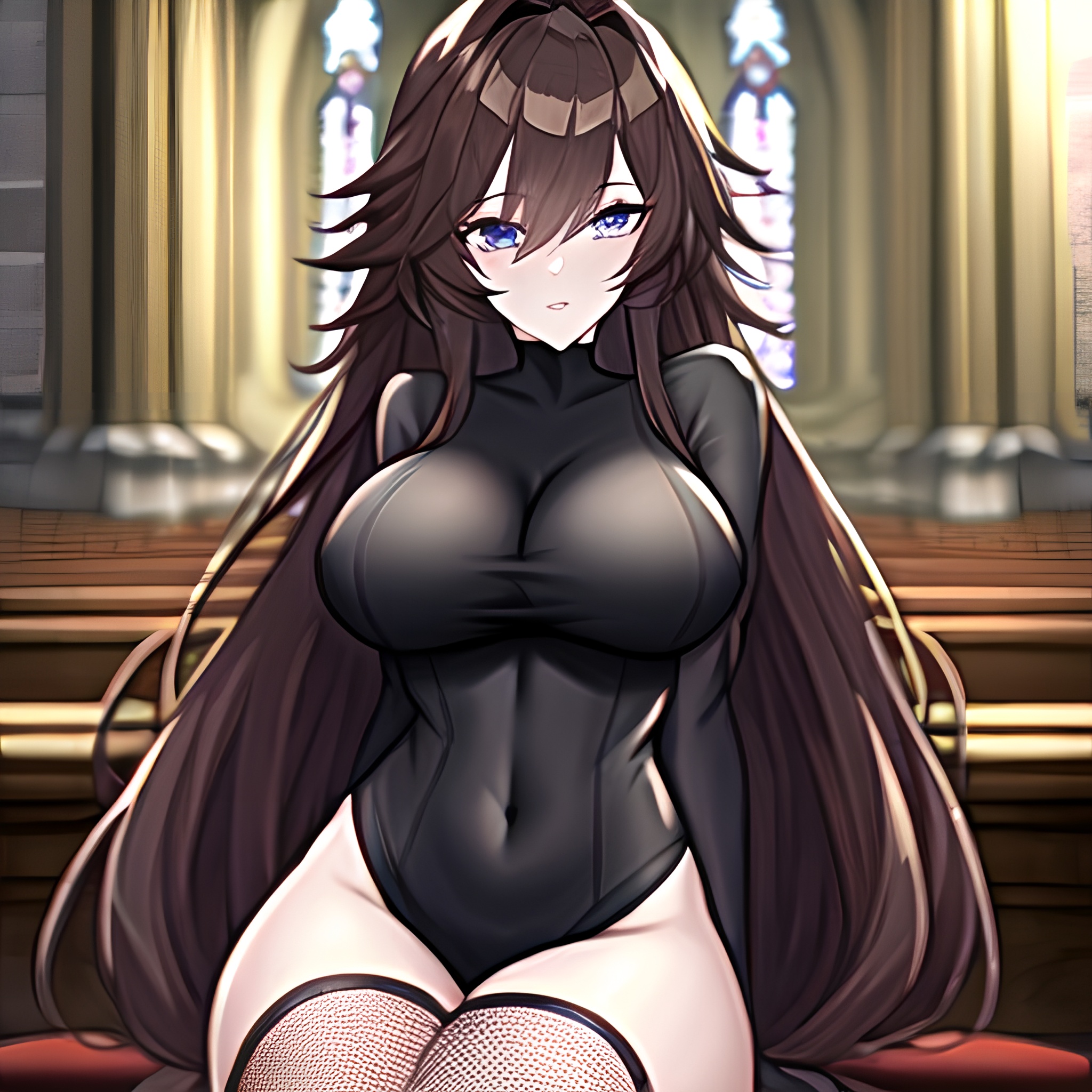 long hair brunette woman fishnet church messy hair 