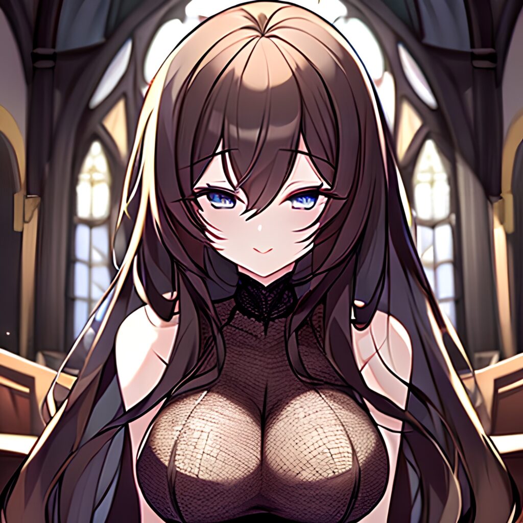 long hair brunette woman fishnet church messy hair 