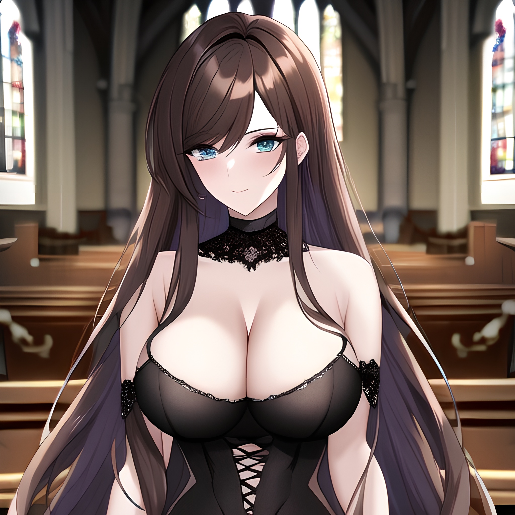 long hair brunette woman fishnet church messy hair 