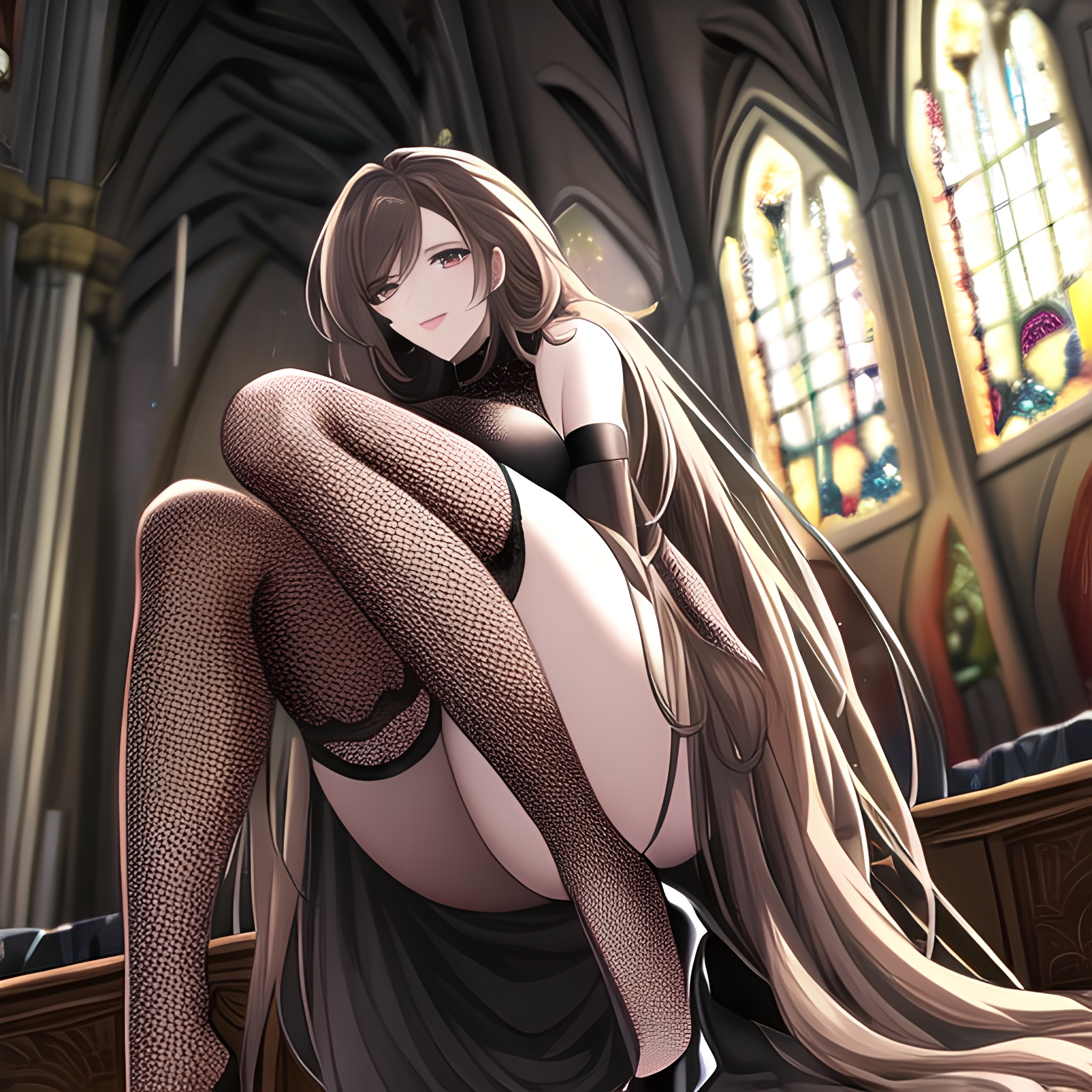 long hair brunette woman fishnet church messy hair 