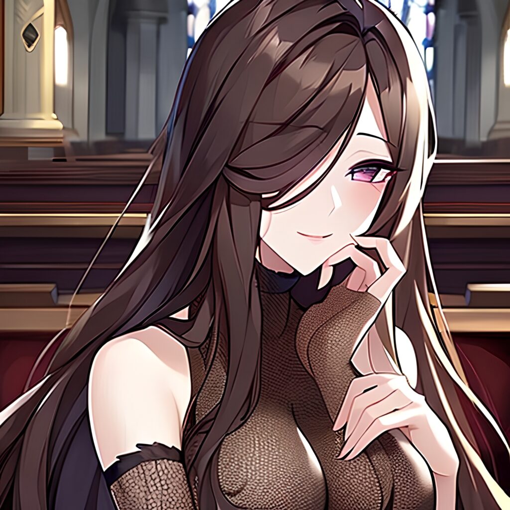 long hair brunette woman fishnet messy hair church