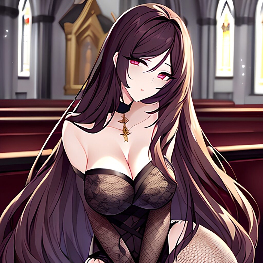 long hair brunette woman fishnet messy hair church 