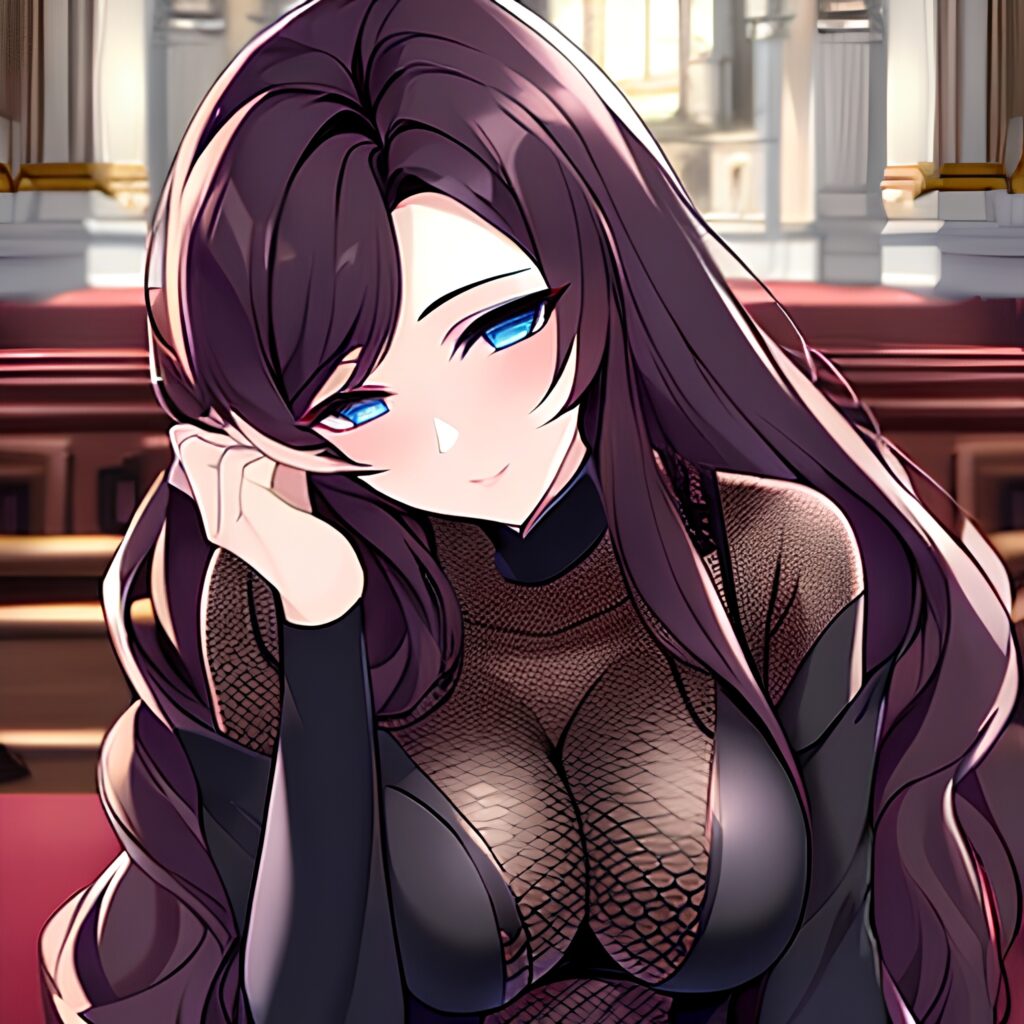 long hair brunette woman fishnet messy hair church 