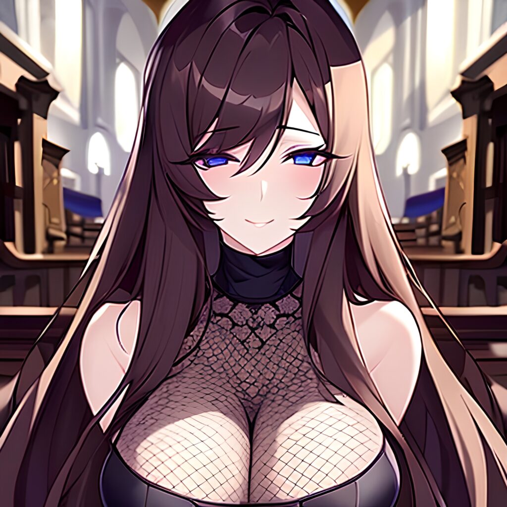 long hair brunette woman fishnet messy hair church 