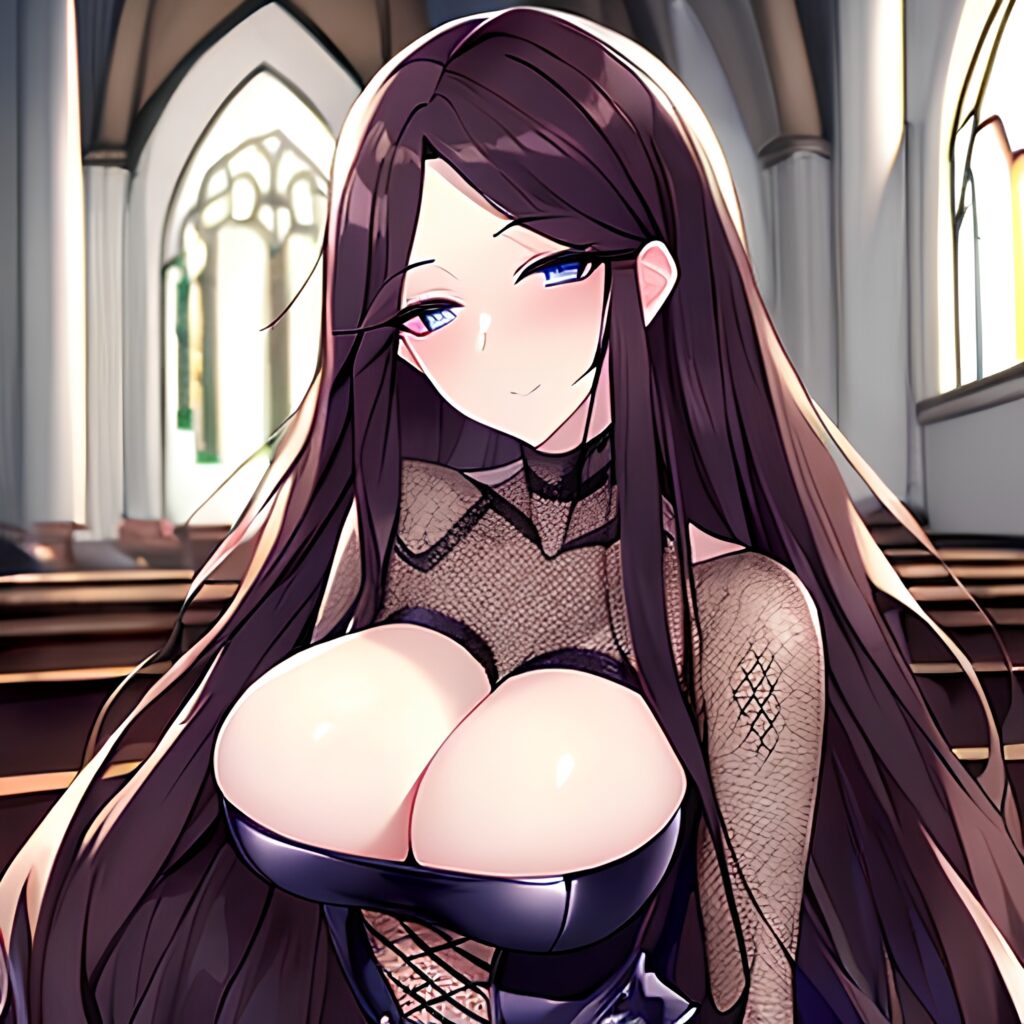 long hair brunette woman fishnet messy hair church 